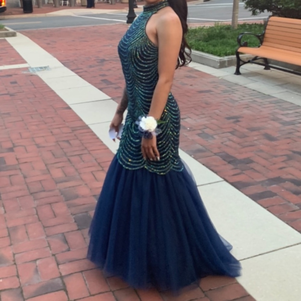 Custom navy blue dress with green sequencing